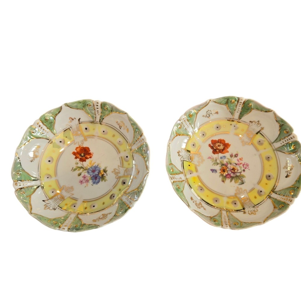 JPF Germany Antique Porcelain Floral Berry Bowls Set of 2 Scalloped Gold Gilt 5"